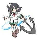  1girl anchor anchor_print black_hair brown_footwear full_body green_eyes green_sailor_collar hat looking_at_viewer murasa_minamitsu neckerchief puyopuyo red_neckerchief sailor sailor_collar sailor_hat shinmon_akika shirt short_hair short_sleeves shorts simple_background socks solo touhou white_background white_headwear white_shirt white_shorts white_socks 