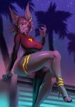  anthro anubian_jackal big_breasts black_body black_fur black_hair breasts canid canine canis claws clothed clothing crossed_legs demura female footwear fur genitals gold_(metal) gold_jewelry green_eyes hair hi_res high_heels jackal jewelry looking_at_viewer mammal night night_sky nightshade_(kadath) no_underwear outside palm_tree paws pendant plant pussy sharp_claws shirt sitting sky solo star starry_sky teasing topwear tree 