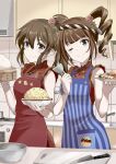  2girls apron bamboo_steamer bangs blue_apron blue_eyes bowl bracelet breasts brown_hair butterfly_ornament check_commentary china_dress chinese_clothes commentary_request cutting_board dress drill_hair dumpling flower food fried_rice frilled_dress frills hair_flower hair_ornament hands_up highres holding holding_plate holding_spatula idolmaster idolmaster_million_live! indoors jewelry kitchen kitchen_knife large_breasts light_blush long_hair looking_at_viewer medium_breasts multiple_girls one_eye_closed pearl_bracelet pinstripe_pattern plate ponytail print_apron print_dress purple_eyes red_apron red_dress satake_minako side_ponytail sidelocks sleeveless sleeveless_dress smile spatula striped takoyaki yokoyama_nao zash_zashzash 