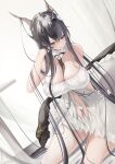  1girl azur_lane bare_shoulders between_breasts black_hair breasts brown_eyes cleavage closed_mouth detached_collar dress dutch_angle hand_in_own_hair highres horns indomitable_(azur_lane) indoors large_breasts long_hair looking_away looking_down pillow sitting sleeveless sleeveless_dress smile solo table very_long_hair white_dress won_(az_hybrid) yokozuwari 