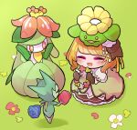  1girl :d animal_on_head bangs blue_flower blunt_bangs blush brown_gloves brown_ribbon character_request closed_eyes comfey dress facing_another flower gloves green_background green_dress hair_flower hair_ornament hair_ribbon haruna_konomi highres holding holding_flower hoppip lilligant long_dress magia_record:_mahou_shoujo_madoka_magica_gaiden magical_girl mahou_shoujo_madoka_magica multicolored_hair on_head orange_hair pokemon pokemon_(creature) puffy_short_sleeves puffy_sleeves ribbon roselia shirt short_hair short_sleeves sidelocks simple_background smile solo streaked_hair swept_bangs takenoko_mgrc white_shirt 
