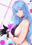  alternate_hairstyle ayanami_rei black_bra blush bra breasts choker gloves hair_ornament hairpods highres lingerie long_hair neon_genesis_evangelion paint_splatter red_eyes sideboob solo underwear very_long_hair yamaishi_(mukoubuti) 