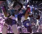  2girls :d artist_name bangs bare_shoulders black_gloves black_jacket black_shorts bronya_zaychik bronya_zaychik_(haxxor_bunny) bullpup closed_mouth drill_hair dual_wielding eyewear_on_head fireworks full_body gloves grey_eyes grey_hair gun highres holding holding_gun holding_weapon honkai:_star_rail honkai_(series) honkai_impact_3rd jacket looking_at_viewer multiple_girls navel open_mouth p90 shorts silver_wolf_(honkai:_star_rail) smile submachine_gun sunglasses tare_(tonikaku_magaru) twin_drills weapon 