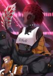  anthro avian bird boots bottomwear clothing collar crop_top dinosaur effects feathers female footwear hi_res hunter liloli_(artist) neon night nightclub pants red_eyes reptile ribbons scalie shirt shoes sneakers solo spiked_collar spikes tape topwear 