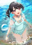  1girl absurdres ball beachball black_hair blush bracelet breasts collarbone fang fukumaru_koito highres idolmaster idolmaster_shiny_colors jewelry looking_at_viewer nail polka_dot polka_dot_swimsuit puffy_short_sleeves puffy_sleeves red_eyes reflection reflective_water see-through see-through_sleeves short_sleeves skin_fang small_breasts smile solo splashing starfish_hair_ornament swimsuit twintails wading zelo6 