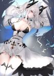  1girl artist_request azur_lane black_choker black_gloves black_wings breasts breasts_apart center_opening choker commentary_request dress gloves grey_hair hair_ornament highres joffre_(azur_lane) large_breasts long_sleeves red_eyes thighhighs twintails white_dress white_thighhighs wings 