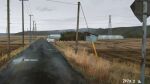  car commentary_request dated field grass ground_vehicle mikado_(winters) motor_vehicle mountainous_horizon no_humans original outdoors power_lines puddle road road_sign scenery shed sign utility_pole 