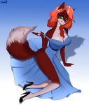  absurd_res anthro bedroom_eyes breasts canid canine clothed clothing curvy_figure eyewear female fluffy fluffy_tail footwear fox glasses hi_res high_heels mammal narrowed_eyes pinup pose seductive sitting solo vivi zhadart 