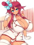  1girl blue_eyes breasts chro_(rulurullu) hair_ornament hat huge_breasts navel nurse nurse_cap one_side_up poke_ball pokemon pokemon_(game) pokemon_bw red_hair short_hair_with_long_locks sidelocks skyla_(pokemon) solo 