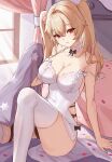  1girl absurdres anchorage_(azur_lane) arm_support azur_lane bare_arms bare_shoulders black_bow black_bowtie black_panties blonde_hair bow bowtie breasts choker dress hair_between_eyes hair_intakes highres indoors large_breasts light_smile long_hair looking_at_viewer panties parted_lips petals red_eyes sitting solo spaghetti_strap strap_slip thigh_strap thighhighs twintails underwear unique_(pixiv12704744) white_choker white_dress white_thighhighs window 
