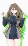  1girl alternate_costume blue_dress breasts brown_eyes brown_hair dress glasses grey_dress hair_between_eyes highres large_breasts long_hair lycoris_recoil lycoris_uniform nakahara_mizuki neck_ribbon osage_gankyou pleated_dress ribbon school_uniform smile solo two-tone_dress 