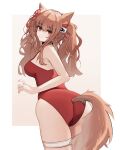  1girl angelina_(arknights) angelina_(summer_flowers)_(arknights) animal_ears arknights ass bangs bare_arms bare_shoulders breasts brown_hair casual_one-piece_swimsuit closed_mouth collar fox_ears fox_girl fox_tail from_behind hair_ribbon highres infection_monitor_(arknights) l.v.c. leaning_forward long_hair looking_at_viewer looking_back medium_breasts official_alternate_costume one-piece_swimsuit red_eyes red_one-piece_swimsuit red_ribbon ribbon solo swimsuit tail thigh_strap twintails two-tone_background white_background yellow_background 