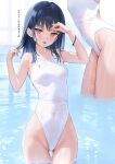  1girl blue_hair breasts covered_navel groin highleg highleg_swimsuit highres ichigo-chan_(mignon) medium_hair mignon mouth_hold multiple_views original red_eyes small_breasts solo swimsuit thighs wading water wet wet_clothes wet_swimsuit whistle whistle_around_neck white_one-piece_swimsuit 