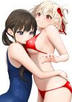  2girls absurdres bikini biting biting_clothes black_hair blonde_hair blue_one-piece_swimsuit breasts clenched_teeth from_side gibun_(sozoshu) hair_ribbon hair_tie highres inoue_takina long_hair looking_at_another lycoris_recoil medium_breasts multiple_girls navel nishikigi_chisato one_side_up purple_eyes red_bikini red_eyes red_ribbon ribbon short_hair simple_background stomach swimsuit teeth twintails white_background yuri 
