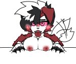  anthro big_breasts big_nipples blushing_profusely breasts fan_character female from_front_position generation_7_pokemon hi_res lycanroc nintendo nipples pokemon pokemon_(species) sketch solo tongue tongue_out video_games 