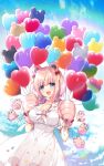  1girl :3 animal_ears animal_hands balloon bare_shoulders bear_ears bear_paws blue_eyes blush braid breasts cleavage cleavage_cutout clothing_cutout collarbone dress fang gloves hair_over_shoulder highres holding holding_balloon indie_virtual_youtuber juruko large_breasts long_hair looking_at_viewer mascot open_mouth original paw_gloves pink_gloves pink_hair ringo_sui sky smile solo sundress tareme twin_braids virtual_youtuber 