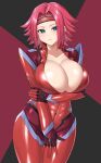  1girl blue_eyes bodysuit breasts cleavage code_geass covering covering_crotch headband hi_rontea kallen_stadtfeld large_breasts looking_at_viewer medium_hair red_hair shiny shiny_hair shiny_skin solo standing 
