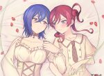  2girls blue_eyes blue_hair blush choker closed_mouth commentary food fruit hand_up highres iruzu_(pixiv27236115) long_sleeves looking_to_the_side love_live! love_live!_superstar!! multiple_girls orange_eyes red_hair shirt short_sleeves strawberry wakana_shiki white_choker white_shirt yoneme_mei 