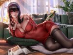  1girl bare_shoulders black_hair black_thighhighs blush book bottle breasts cleavage closed_mouth couch curtains cushion dress hairband holding holding_bottle indoors large_breasts liang_xing lips living_room long_hair looking_at_viewer lying on_side panties pantyshot red_dress red_eyes red_sweater solo spy_x_family sweater sweater_dress thighhighs underwear white_hairband window yor_briar 