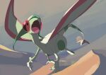  black_eyes bright_pupils claws commentary_request day desert fangs flygon flying highres kura_(shironagasu02) looking_to_the_side open_mouth outdoors pokemon tongue 