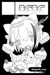  1girl animal_ears apron bangs black_background cake cake_slice cat_ears cat_girl circle_cut commentary eating extra_ears food food_on_face food_on_head fork frilled_apron frills greyscale hair_between_eyes high_contrast holding holding_fork knife_in_head long_sleeves looking_at_viewer maid_apron maid_headdress monochrome multicolored_hair object_on_head original outo_eguchi ribbon screentones short_hair solo streaked_hair twitter_username upper_body 