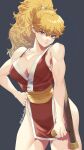 1girl bangs bare_shoulders blonde_hair breasts brown_eyes capcom_vs_snk_2 commentary_request final_fight genryuusai_maki hand_on_hip highres japanese_clothes long_hair looking_at_viewer medium_breasts murata_tefu ninja pelvic_curtain ponytail sash solo street_fighter tonfa weapon 