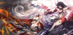  2girls absurdres armor bangs blue_eyes breasts cleavage closed_mouth cloud cloudy_sky earrings electricity fire highres holding holding_sword holding_weapon honkai_(series) honkai_impact_3rd horns japanese_armor jewelry katana kiana_kaslana kiana_kaslana_(herrscher_of_flamescion) long_hair looking_at_another meltyrice multiple_girls ponytail purple_eyes purple_hair raiden_mei raiden_mei_(herrscher_of_thunder) sky sword thighhighs weapon white_hair white_thighhighs 