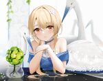  1girl azur_lane bangs bare_shoulders bird blonde_hair blue_choker cheek_rest choker commentary_request dress flower hair_flower hair_ornament highres juneau_(azur_lane) juneau_(in_the_swan_garden)_(azur_lane) long_hair looking_at_viewer off-shoulder_dress off_shoulder official_alternate_costume orange_eyes plant potted_plant qing_wu solo swan swept_bangs 