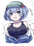  1girl blue_eyes blue_hair breasts cleavage closed_mouth flat_cap green_headwear hair_bobbles hair_ornament hat highres kawashiro_nitori large_breasts looking_at_viewer open_mouth short_hair simple_background smile solo steam sweat touhou two_side_up upper_body v-shaped_eyebrows white_background yonoisan 