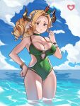  1girl :o absurdres blonde_hair blue_sky blush bracelet breasts brown_eyes casual_one-piece_swimsuit choker cleavage collarbone covered_navel cowboy_shot day draph drill_hair granblue_fantasy green_choker green_one-piece_swimsuit hairband hand_on_hip hand_up heart highres horizon horns iiros jewelry large_breasts long_hair looking_at_viewer maria_theresa_(granblue_fantasy) ocean one-piece_swimsuit open_mouth outdoors sky solo swimsuit wading water 