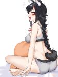  1girl animal_ear_fluff animal_ears ass bangs bare_arms bare_shoulders barefoot black_hair bra braid breasts caruta closed_eyes commentary grey_bra grey_panties highres hololive long_hair medium_breasts multicolored_hair ookami_mio panties pillow red_hair signature sitting soles solo streaked_hair tail twin_braids underwear underwear_only very_long_hair virtual_youtuber white_background wolf_ears wolf_girl wolf_tail 