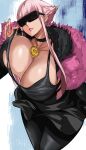  1girl black_dress black_eyes breasts cafekun cleavage dress fur_coat fur_collar gold_necklace highres jewelry large_breasts lips looking_at_viewer manon_(street_fighter) nail_polish necklace pantyhose pink_hair simple_background solo street_fighter street_fighter_6 sunglasses thighs 