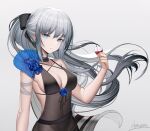  1girl alternate_costume artist_name bangs bare_shoulders black_choker black_dress blue_eyes bow breasts choker cleavage closed_mouth collarbone covered_navel cup dress drinking_glass fate/grand_order fate_(series) grey_background grey_hair hair_bow heatia highres holding holding_cup long_hair looking_at_viewer medium_breasts morgan_le_fay_(fate) ponytail sidelocks simple_background smile solo upper_body wine_glass 
