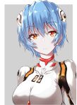  1girl 627247421 absurdres ayanami_rei bangs blue_hair bodysuit border breasts breasts_apart closed_mouth frown grey_background hair_between_eyes highres looking_at_viewer medium_breasts neon_genesis_evangelion outside_border plugsuit red_eyes shiny shiny_hair short_hair simple_background solo upper_body white_bodysuit white_border 