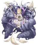  1girl barefoot blonde_hair briar_rose_(sinoalice) dress flute frilled_dress frills full_body instrument ji_no leaf looking_at_object official_art sinoalice sitting solo tattoo thorns transparent_background white_dress yellow_eyes 