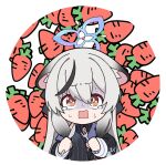  1girl animal_ear_fluff animal_ears bangs black_dress black_hair blue_archive brown_eyes carrot chibi commentary_request dress food-themed_background fork grey_hair hair_between_eyes halo holding holding_fork holding_knife knife kokona_(blue_archive) long_hair long_sleeves multicolored_hair nyaru_(nyaru_4126) open_mouth round_image solo streaked_hair sweat tears turn_pale wavy_mouth white_background 