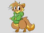  2022 alternate_species anthro biped clothing digital_media_(artwork) dipstick_ears dipstick_limbs fangs fur fur_tuft grey_background gulonine head_tuft hi_res hoodie looking_back male mammal marten multicolored_body multicolored_ears multicolored_fur mustelid musteline neck_tuft paws racolver racolver_(artist) semi-anthro simple_background smile solo species_transformation tail_tuft topwear transformation tuft warp0fwrath whiskers 