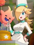  1girl alternate_costume blonde_hair blue_eyes breasts chef chef_hat chef_uniform cooking gonzarez hair_over_one_eye hat highres large_breasts luma_(mario) mario_(series) one_eye_covered open_mouth rosalina super_mario_galaxy 