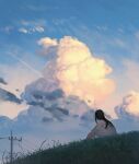  1girl bare_arms bare_shoulders black_hair blue_sky cloud commentary_request day dress facing_away from_side grass highres knees_up leaning_forward long_hair on_grass original outdoors power_lines ryokucha_manma sitting sky solo utility_pole white_dress 