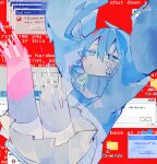  1girl absurdres blue_eyes blue_hair blue_jacket blue_screen_of_death blue_skirt blue_theme blue_thighhighs closed_mouth commentary digital_dissolve ene_(kagerou_project) error_message expressionless facial_mark falling glitch highres jacket kagerou_project long_hair long_sleeves looking_up skirt sleeves_past_fingers sleeves_past_wrists solo soresaki thighhighs twintails windows windows_7 windows_xp zipper_pull_tab 