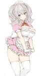  1girl absurdres alternate_costume apron blue_eyes breasts cleavage dress enmaided frilled_dress frills gloves grey_hair highres kantai_collection kashima_(kancolle) large_breasts looking_at_viewer maid maid_apron maid_headdress neckerchief pink_dress red_neckerchief ryo_(tg290) simple_background solo thighhighs white_background white_gloves white_thighhighs 