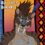  bakari_abamwemwande big_chief_bakari blue_eyes brown_body brown_fur bust_portrait fangs felid fur hi_res machairodontine male mammal markings mohawk portrait sabertooth_(anatomy) solo striped_body striped_fur striped_markings stripes warpaint 