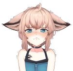  1girl ahoge animal_ears arknights bare_shoulders black_choker blue_eyes blue_shirt blush brown_hair choker crying crying_with_eyes_open flat_chest fox_ears frown highres looking_at_viewer oripathy_lesion_(arknights) radioneet shirt short_hair simple_background solo straight-on sussurro_(arknights) tears trembling upper_body white_background zipper_pull_tab 