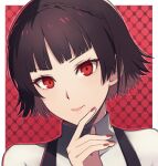  1girl bangs blunt_bangs border braid brown_hair closed_mouth crown_braid highres looking_at_viewer nail_polish niijima_makoto persona persona_5 red_eyes red_nails shiny shiny_hair shiro_(branch0126) short_hair smile solo white_border 