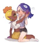  2girls androgynous blonde_hair blue_hair blush commentary dark-skinned_female dark_skin english_commentary fang frye_(splatoon) hand_on_another&#039;s_head heart highres inkling kneeling looking_at_another looking_away midriff multiple_girls navel octoling pointy_ears shirt shiver_(splatoon) short_shorts short_sleeves shorts sitting smile socks splatoon_(series) splatoon_3 squiggle tentacle_hair usa_go13 white_background white_shirt white_socks yuri 