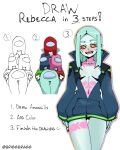  1girl among_us aqua_skin blush breasts briggbragg crewmate_(among_us) cyberpunk_(series) cyberpunk_edgerunners green_hair highres medium_hair open_mouth rebecca_(cyberpunk) sharp_teeth sidelocks small_breasts smile straight-on teeth 