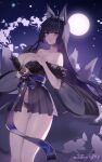  1girl animal_ears artist_name azur_lane bare_shoulders black_hair black_panties breasts cleavage facial_mark fox_ears fox_tail fur-trimmed_kimono fur_trim highres japanese_clothes kimono large_breasts light_smile long_hair looking_at_viewer maanu moon multiple_tails musashi_(azur_lane) night night_sky off_shoulder panties parted_lips pleated_skirt see-through skirt sky solo standing tail thighs underwear yellow_eyes 