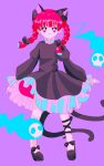  1girl :3 animal_ears bow braid cat_ears cat_tail dress hanadi_detazo highres kaenbyou_rin light_smile long_sleeves looking_at_viewer multiple_tails nekomata purple_background red_eyes red_hair simple_background solo tail touhou twin_braids two_tails 