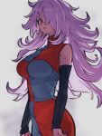  1girl android_21 breasts checkered_clothes checkered_dress dragon_ball dragon_ball_fighterz dress earrings grey_background hair_over_one_eye hoop_earrings jewelry kemachiku large_breasts long_hair looking_at_viewer majin_android_21 pink_hair red_eyes simple_background solo 