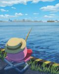  blue_sky building cloud day fishing fishing_line fishing_rod grass hat highres holding holding_fishing_rod kirby kirby_(series) miclot ocean outdoors road scenery sitting sky solo summer 